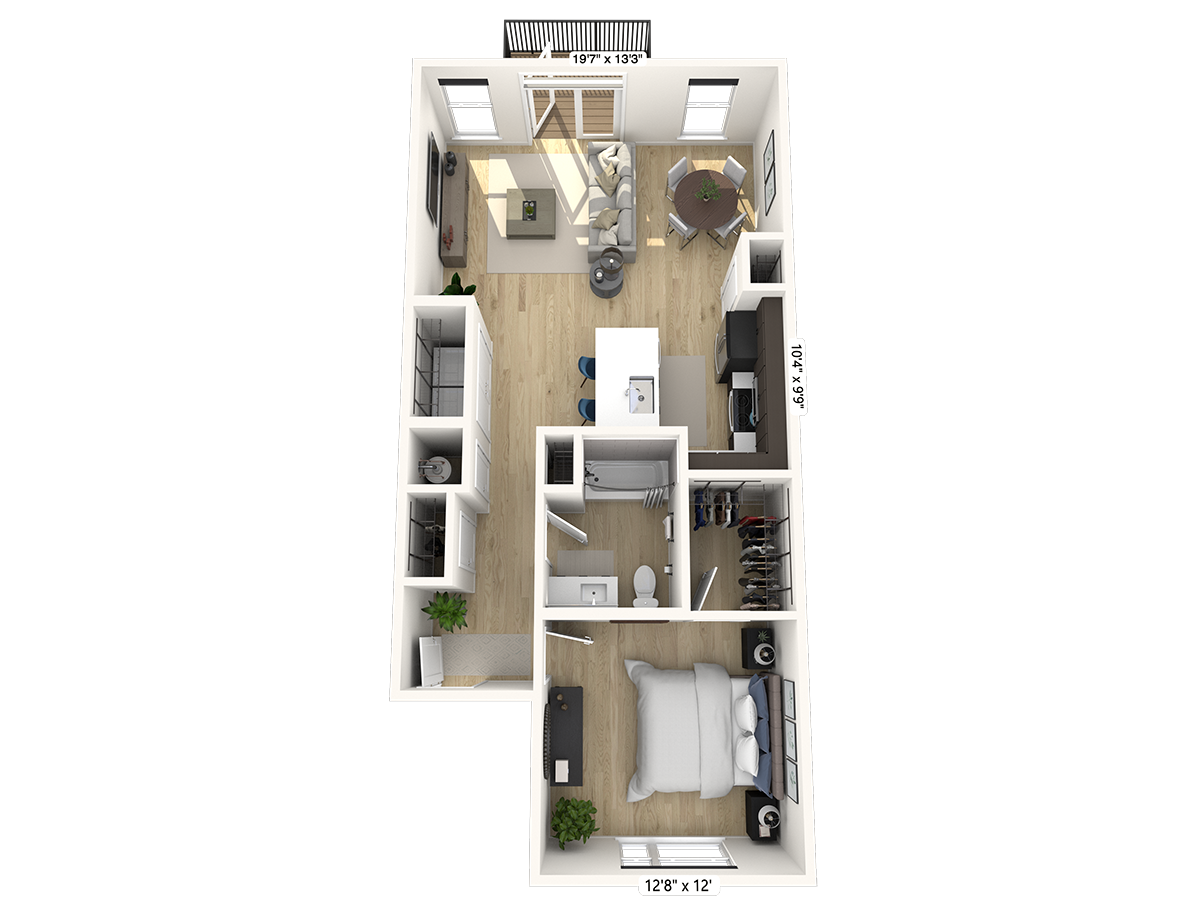 Floor plan for 1 bed, 1 bath, 811 sqft