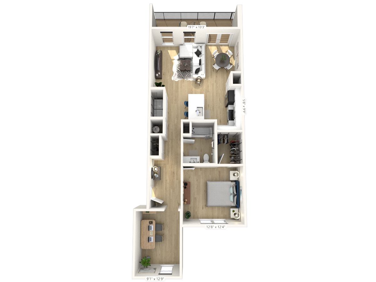 Floor plan for 1 bed, 1 bath, 980 sqft