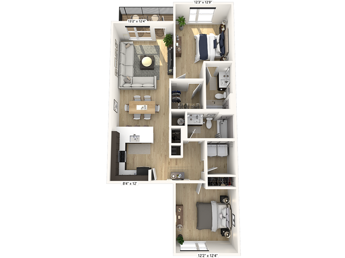 Floor plan for 2 beds, 2 baths, 1106 sqft