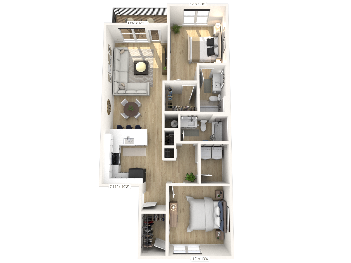 Floor plan for 2 beds, 2 baths, 1179 sqft