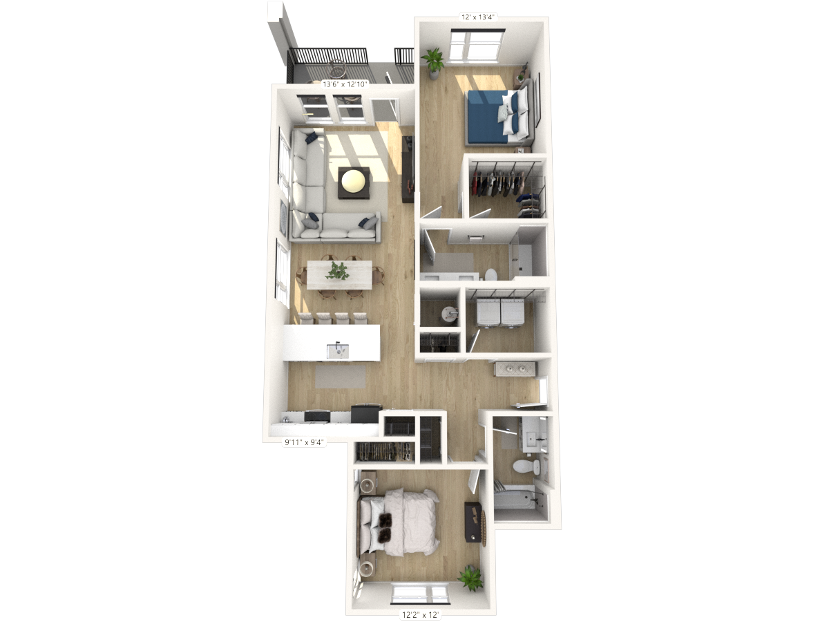 Floor plan for 2 beds, 2 baths, 1210 sqft