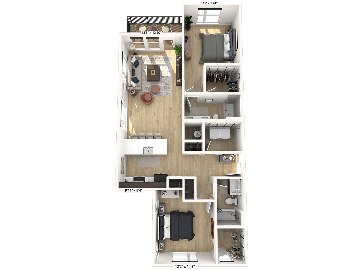 Floor plan for 2 beds, 2 baths, 1252 sqft