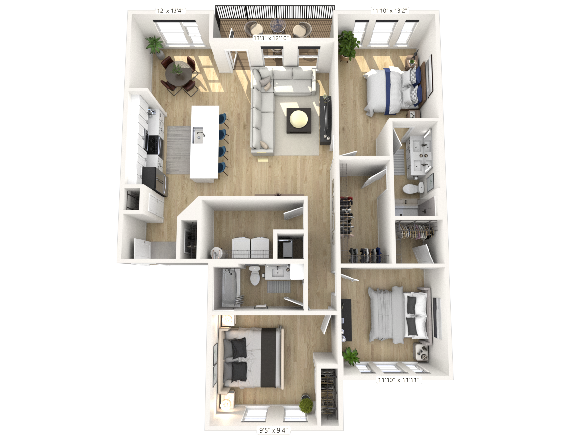 Floor plan for 3 beds, 2 baths, 1541 sqft