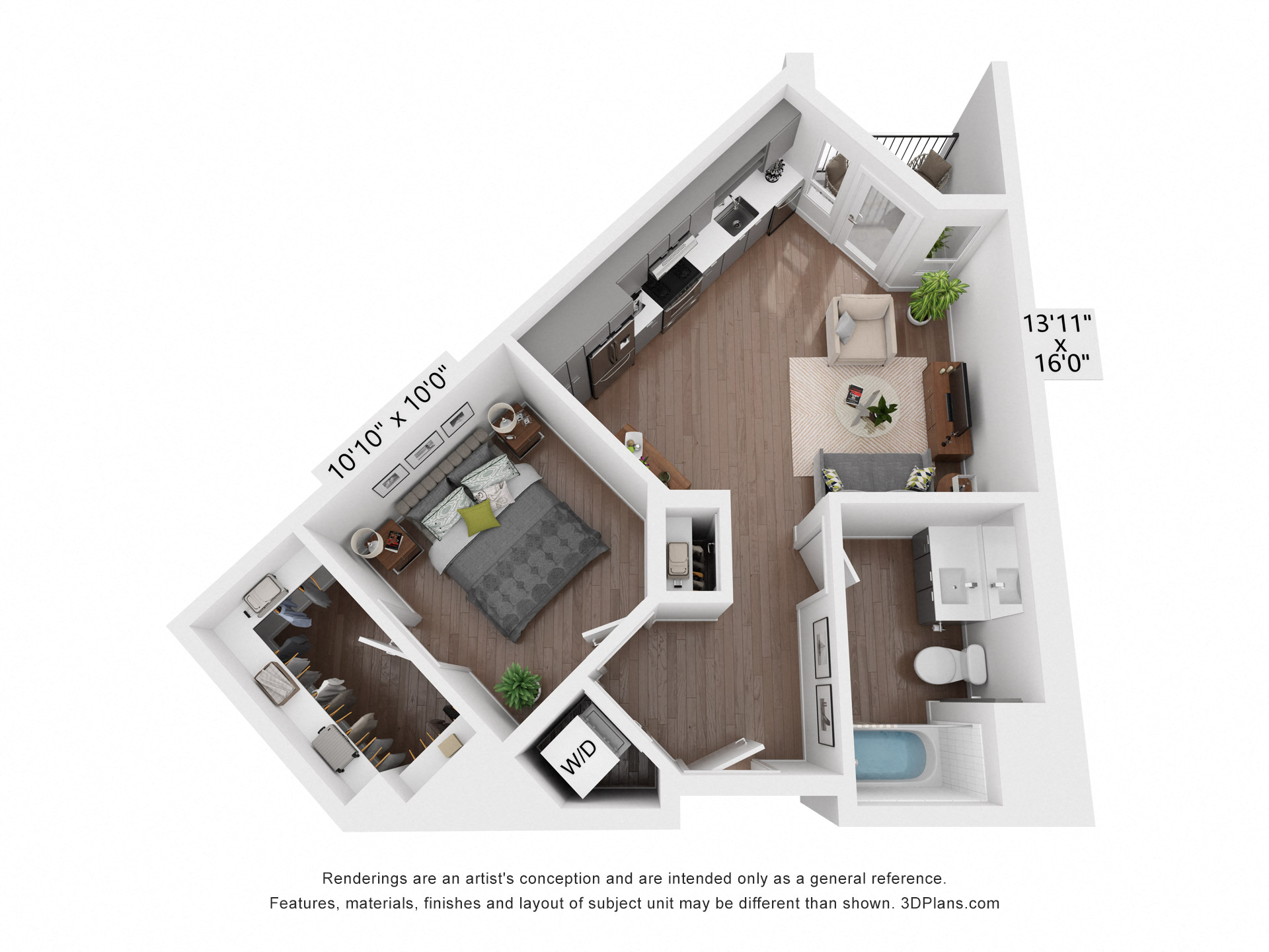 Floor plan for 1 bed, 1 bath, 631 sqft