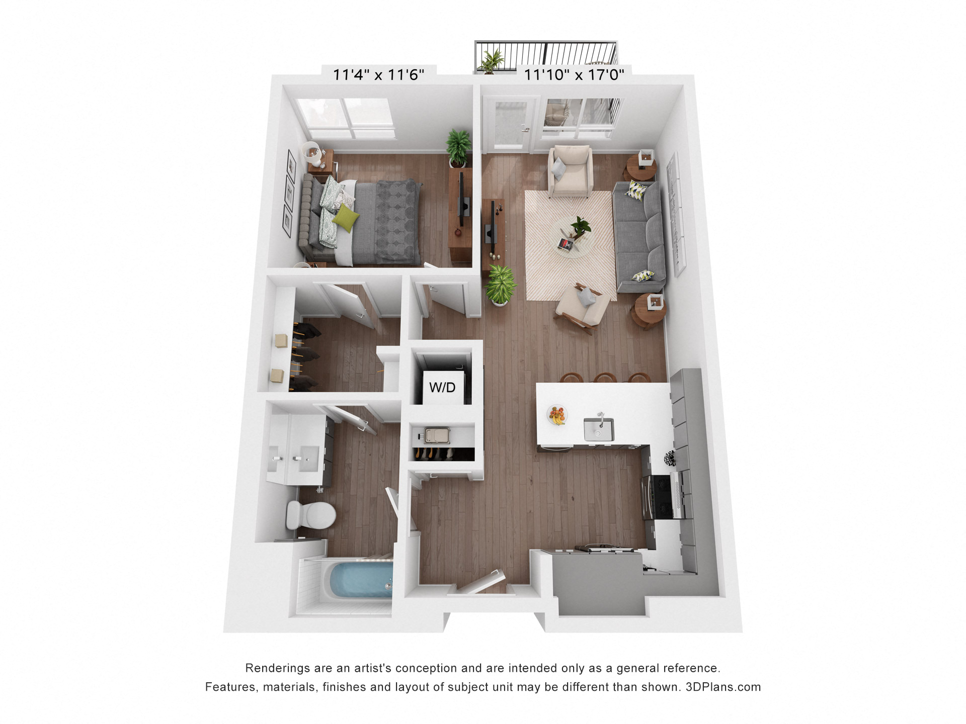 Floor plan for 1 bed, 1 bath, 770 sqft