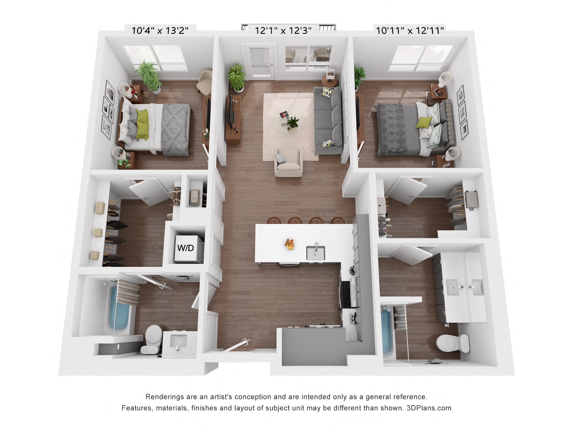 Floor plan for 2 beds, 2 baths, 1094 sqft