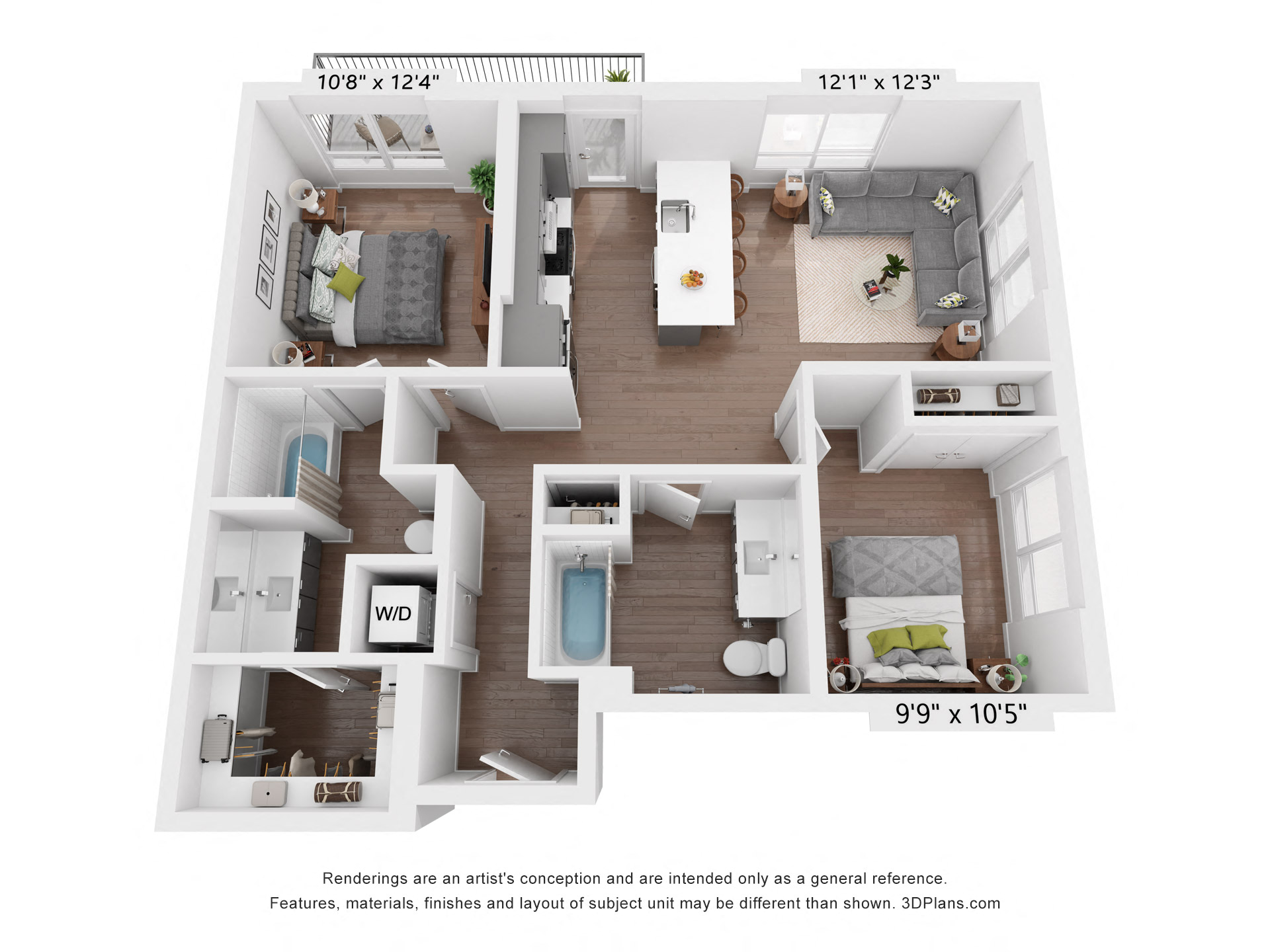 Floor plan for 2 beds, 2 baths, 985 sqft