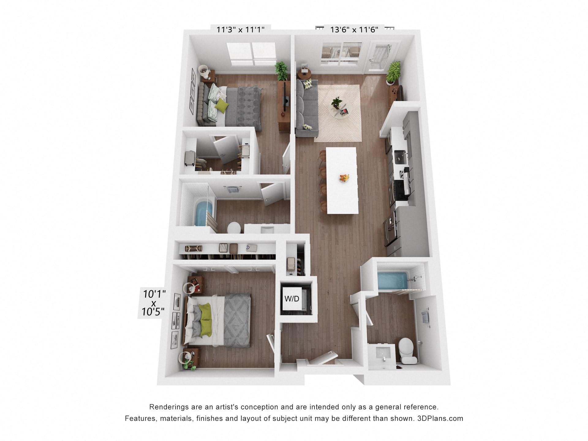 Floor plan for 2 beds, 2 baths, 997 sqft
