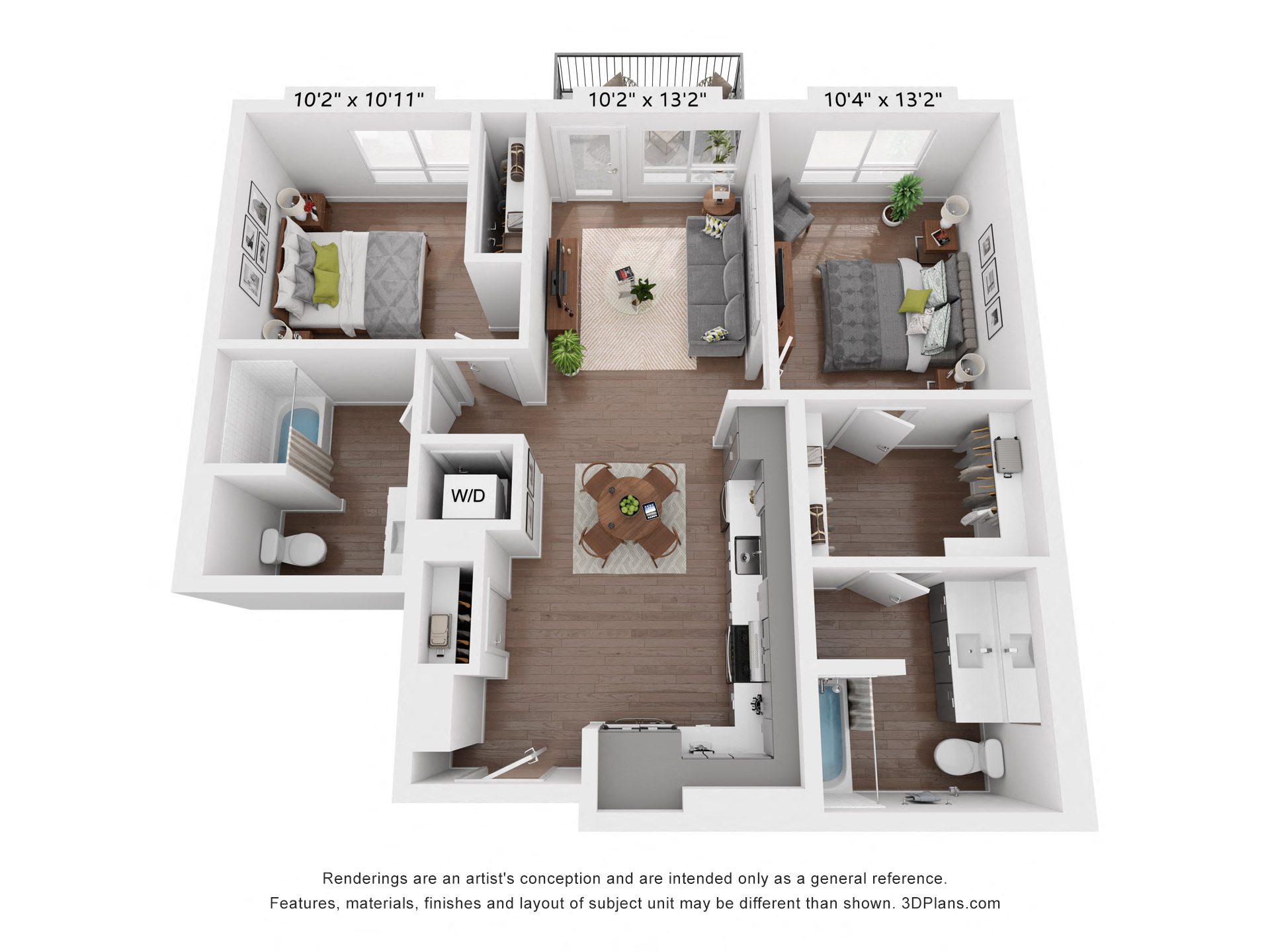 Floor plan for 2 beds, 2 baths, 998 sqft