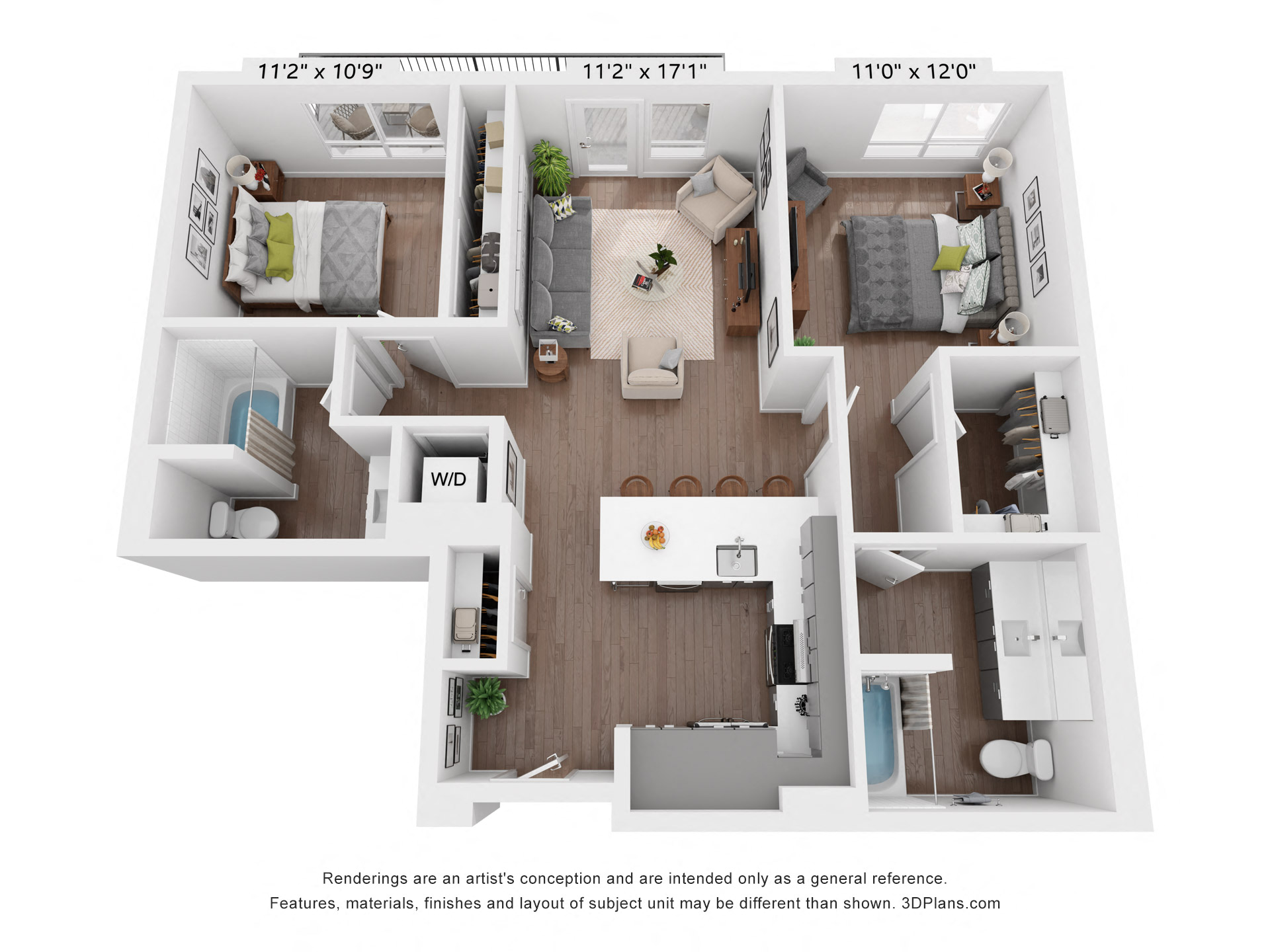 Floor plan for 2 beds, 2 baths, 1059 sqft