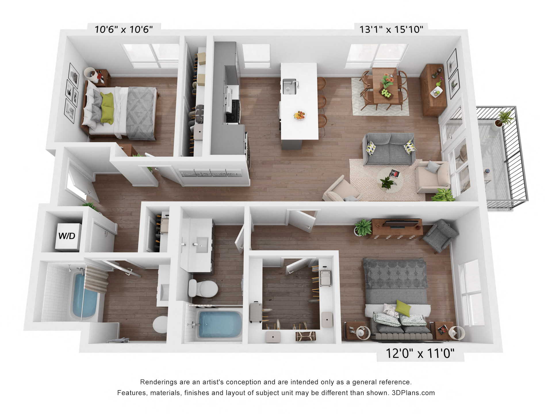 Floor plan for 2 beds, 2 baths, 1079 sqft