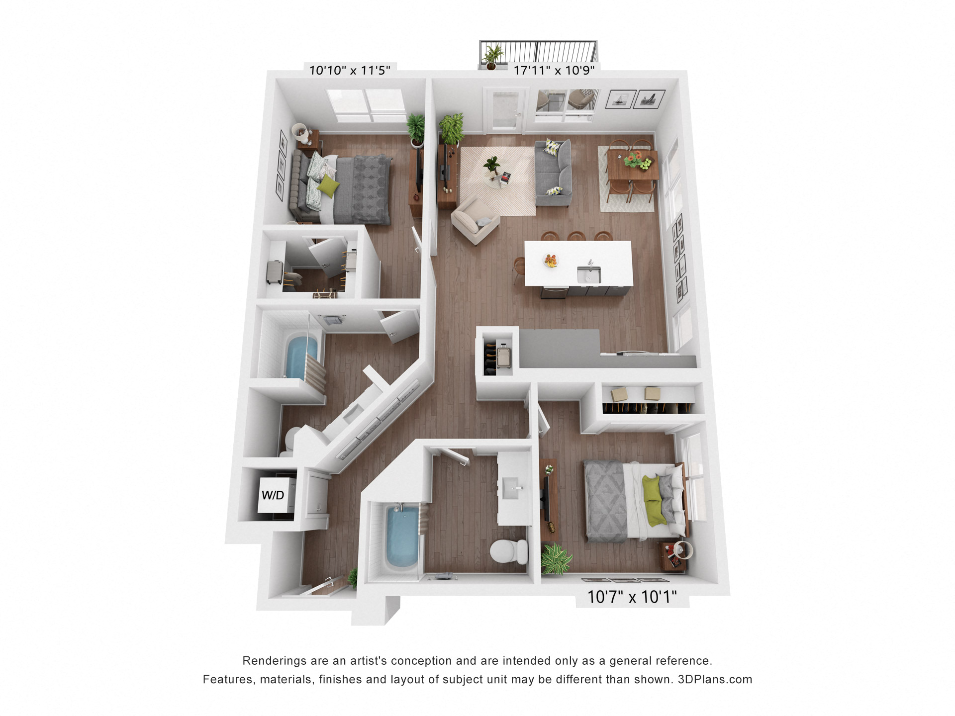 Floor plan for 2 beds, 2 baths, 1109 sqft