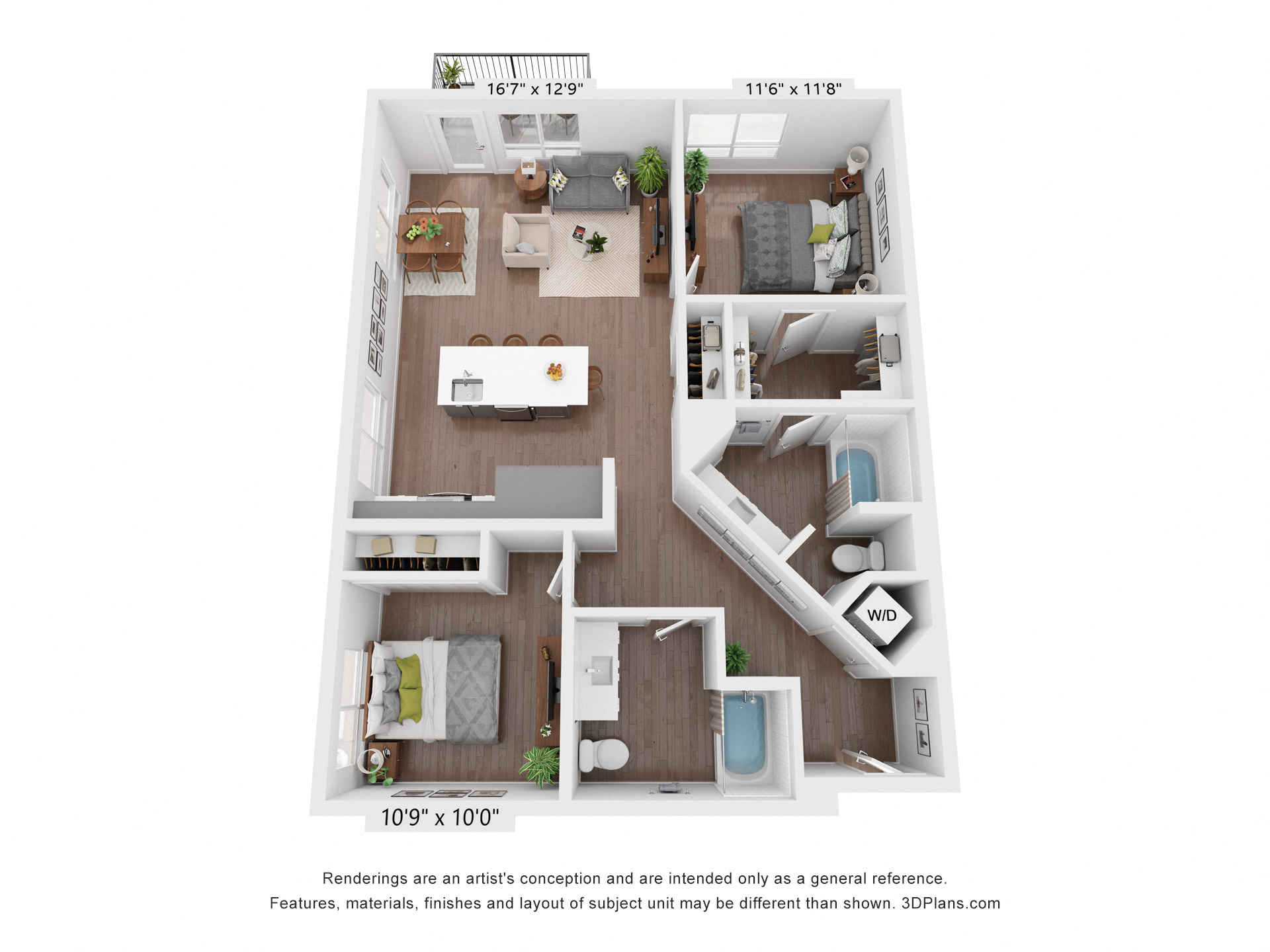 Floor plan for 2 beds, 2 baths, 1126 sqft