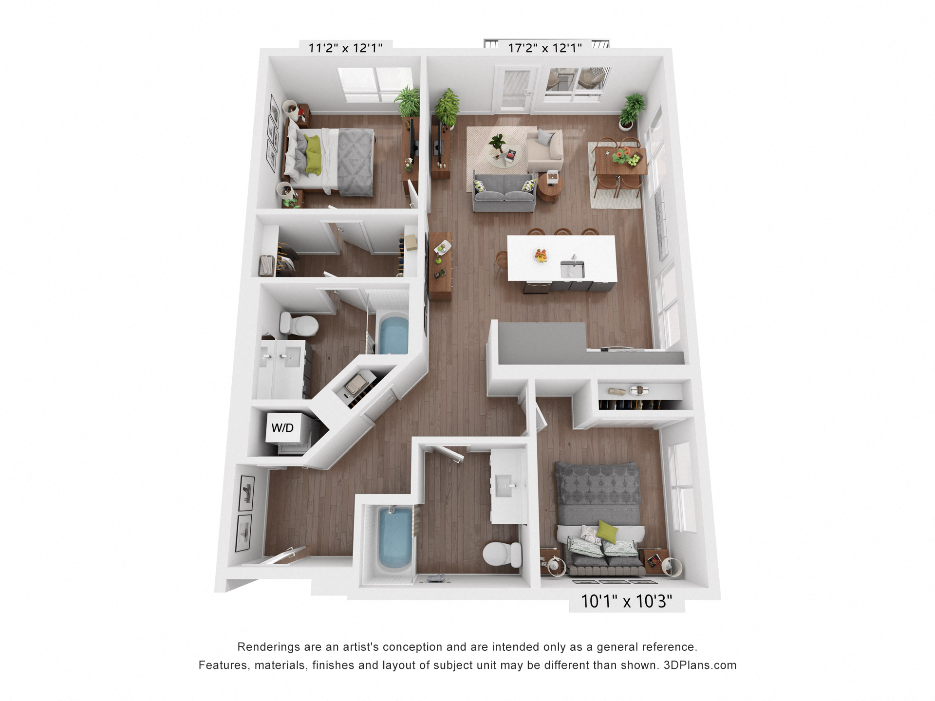 Floor plan for 2 beds, 2 baths, 1126 sqft