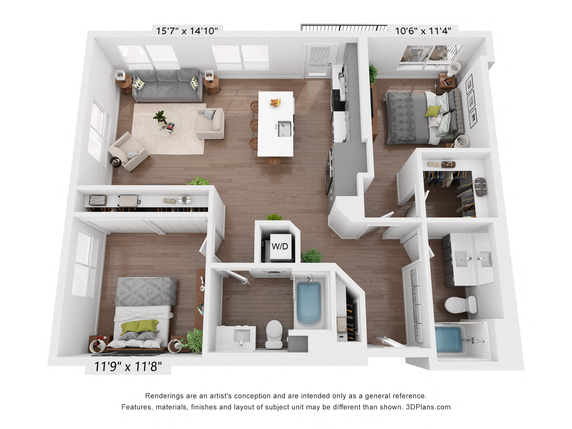 Floor plan for 2 beds, 2 baths, 1184 sqft