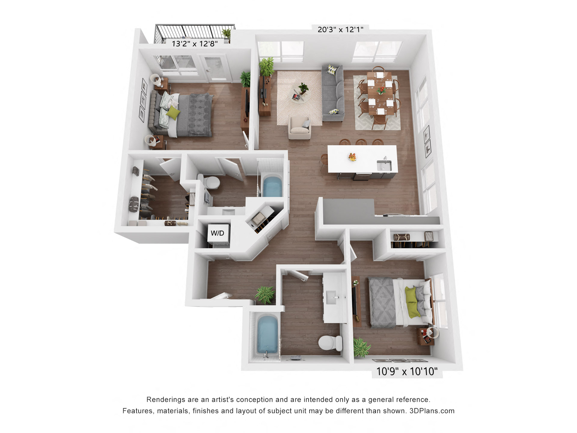 Floor plan for 2 beds, 2 baths, 1169 sqft