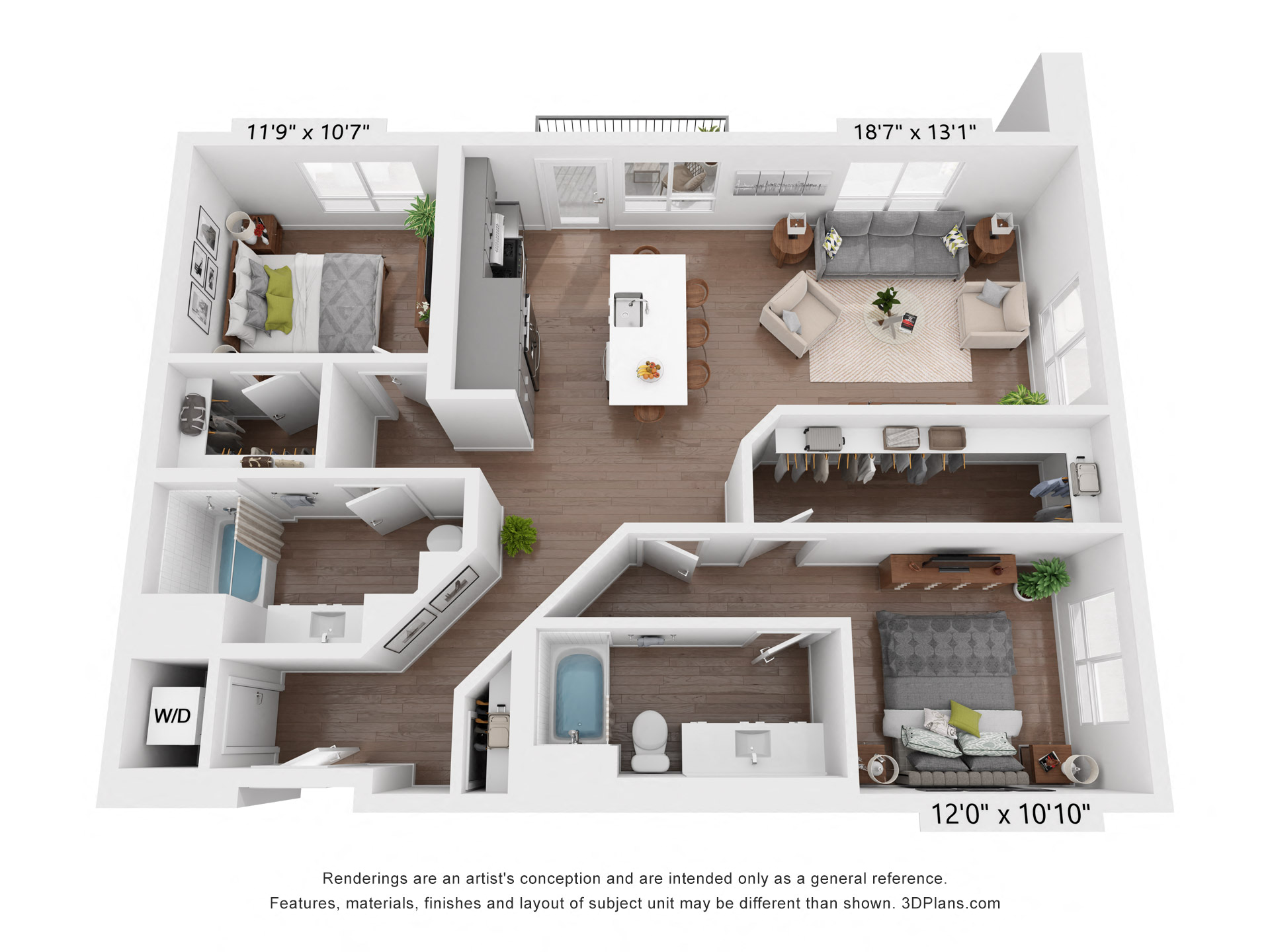 Floor plan for 2 beds, 2 baths, 1338 sqft