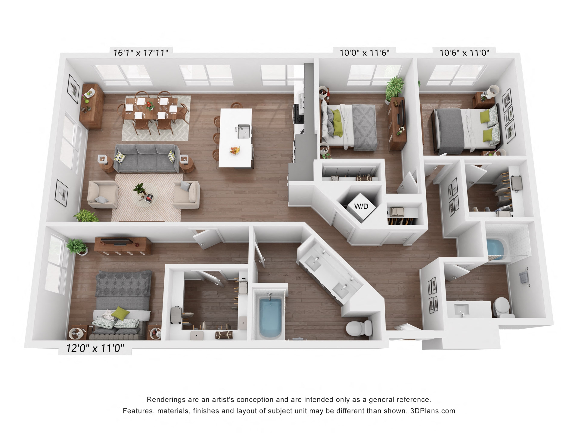 Floor plan for 3 beds, 2 baths, 1525 sqft