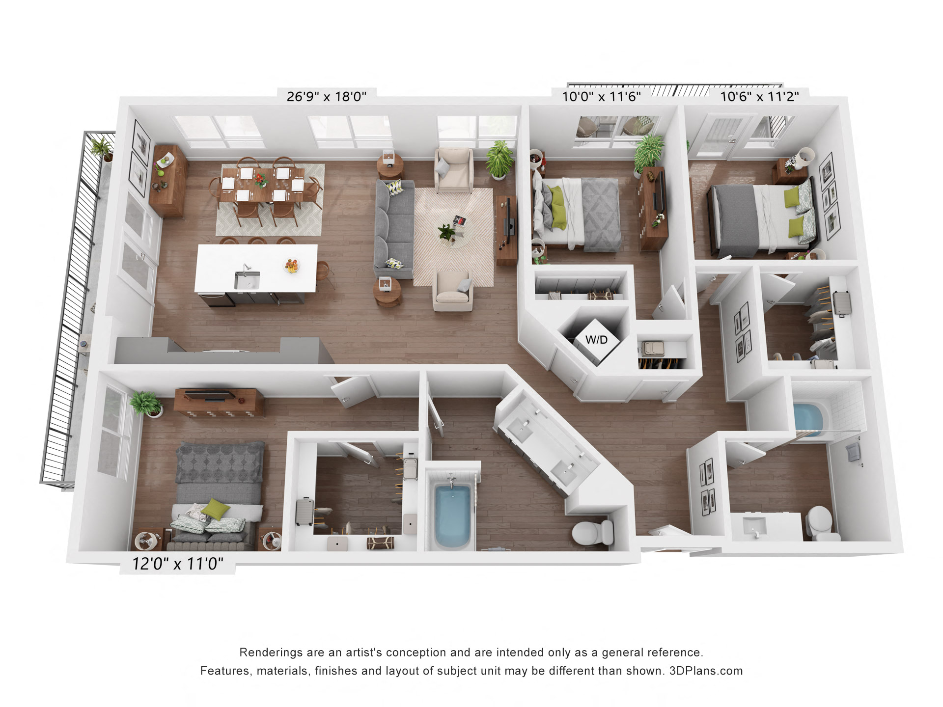 Floor plan for 3 beds, 2 baths, 1538 sqft