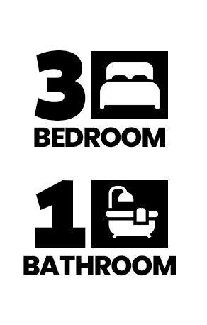 Floor plan for 3 beds, 1 bath, 850 sqft
