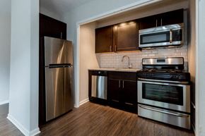 Chicago apartment for rent - a kitchen with stainless steel appliances and a stainless steel refrigerator