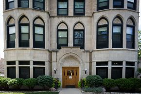 Chicago apartment for rent - the front of a building with a wooden door