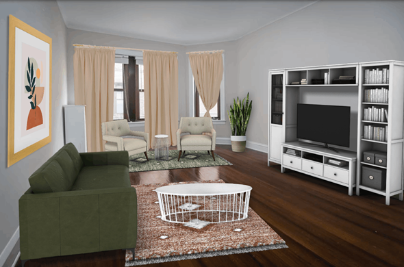 Chicago apartment for rent - a living room with a green couch and a television