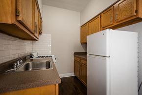 Chicago apartment for rent - a kitchen with a sink and refrigerator and wooden cabinets