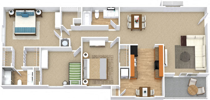 Floor plan for 3 beds, 2 baths, 1305 sqft