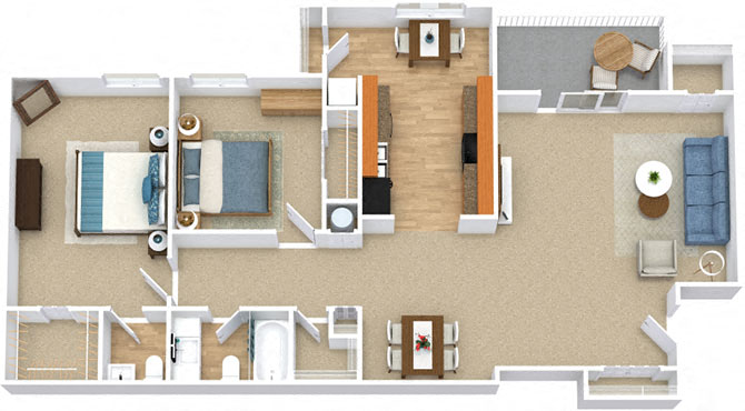 Floor plan for 2 beds, 1.5 baths, 1132 sqft