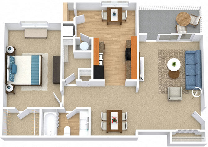 Floor plan for 1 bed, 1 bath, 872 sqft