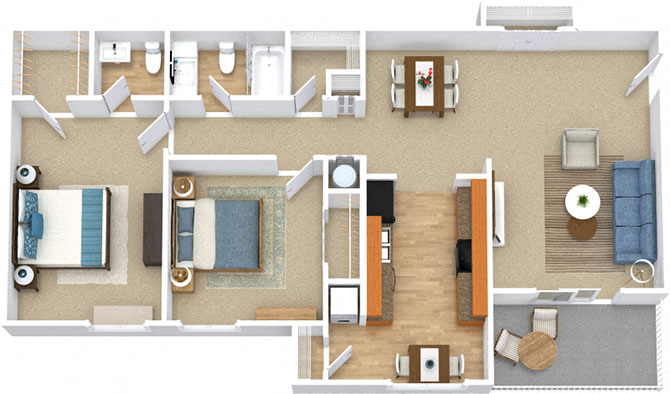 Floor plan for 2 beds, 1.5 baths, 1065 sqft