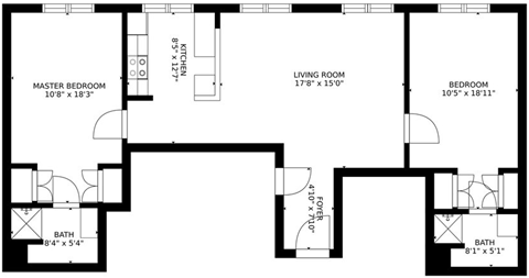 Floor plan for 2 beds, 2 baths, 960 sqft