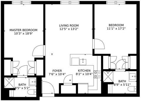 Floor plan for 2 beds, 2 baths, 840 sqft