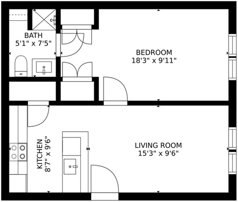 Floor plan for 1 bed, 1 bath, 540 sqft