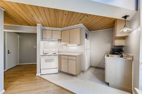 Baltimore apartment for rent - A kitchen with wooden ceiling and white appliances.