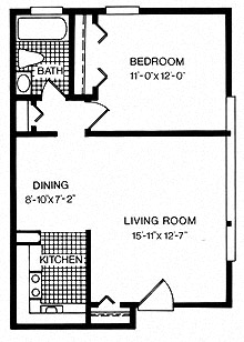 Floor plan for 1 bed, 1 bath, 557 sqft