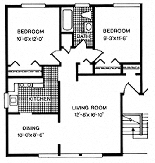 Floor plan for 2 beds, 1 bath, 778 sqft