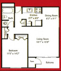Floor plan for 1 bed, 1 bath, 967 sqft