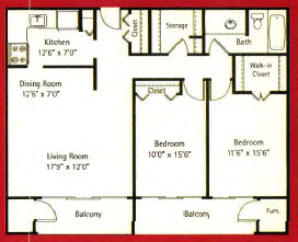 Floor plan for 2 beds, 1 bath, 1378 sqft