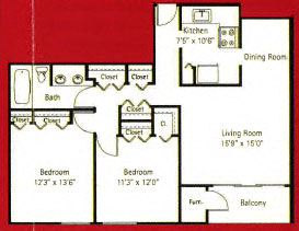 Floor plan for 2 beds, 1 bath, 1083 sqft