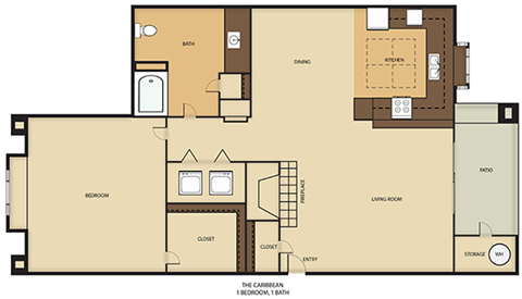 Floor plan for 1 bed, 1 bath, 708 sqft