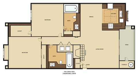 Floor plan for 2 beds, 2 baths, 1000 sqft
