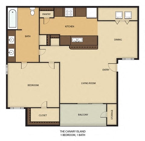 Floor plan for 1 bed, 1 bath, 670 sqft