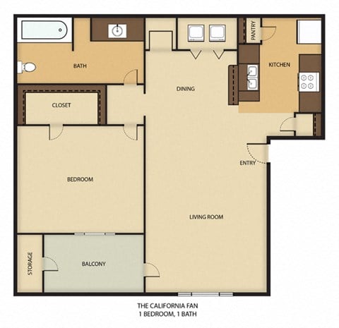 Floor plan for 1 bed, 1 bath, 750 sqft