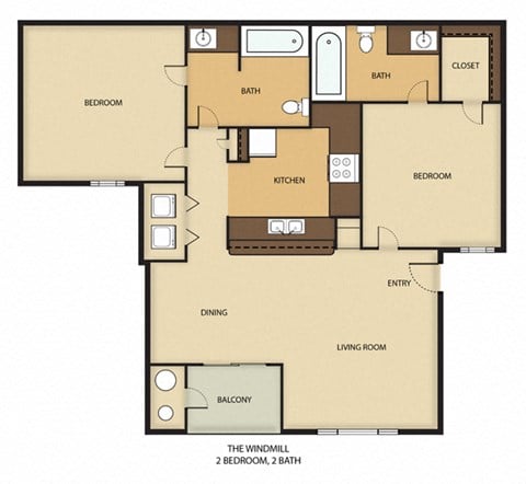 Floor plan for 2 beds, 2 baths, 900 sqft