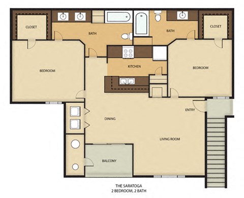 Floor plan for 2 beds, 2 baths, 1000 sqft