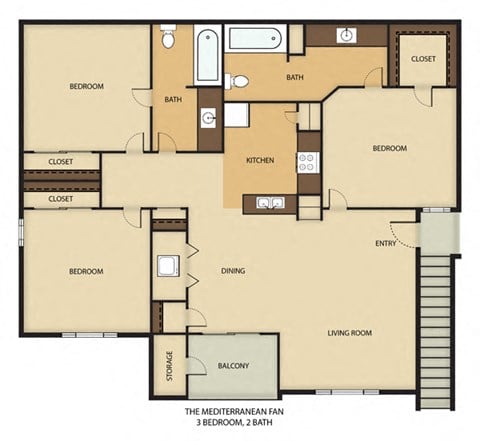 Floor plan for 3 beds, 2 baths, 1150 sqft