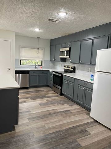 Killeen house for rent - a renovated kitchen with gray cabinets and a wooden floor