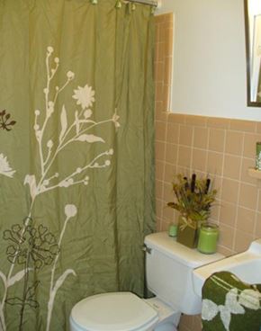 Richmond apartment for rent - a bathroom with a green shower curtain and a toilet